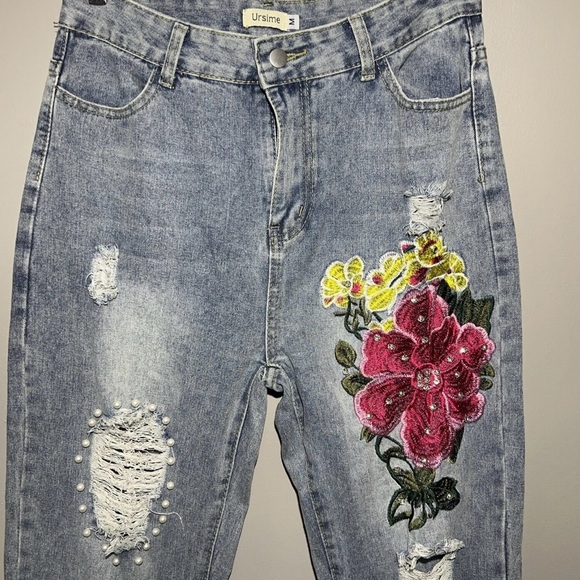 URSIME Embroidered Beaded Jeans Women’s Size Medium (waist 30”) Boho Hi Rise - Picture 2 of 10